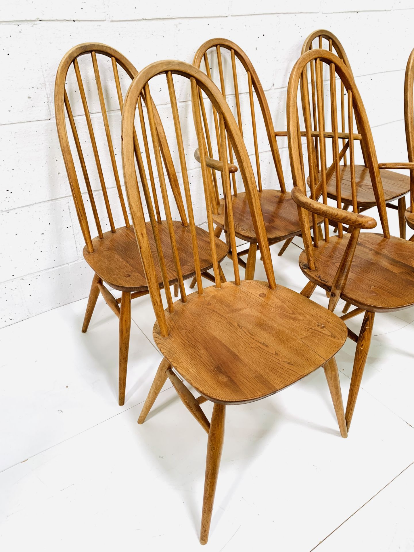 Set of six (4 + 2) Ercol high rail back dining chairs - Image 2 of 5