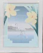John Stafford gouache on paper entitled "Flamingos and Orchids"