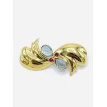 Contemporary 18ct gold brooch set with aquamarine cabochons and rubies