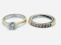 18ct white gold solitaire diamond ring; and a gold quarter eternity ring with platinum inner band