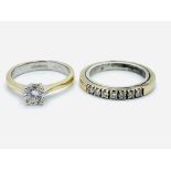 18ct white gold solitaire diamond ring; and a gold quarter eternity ring with platinum inner band