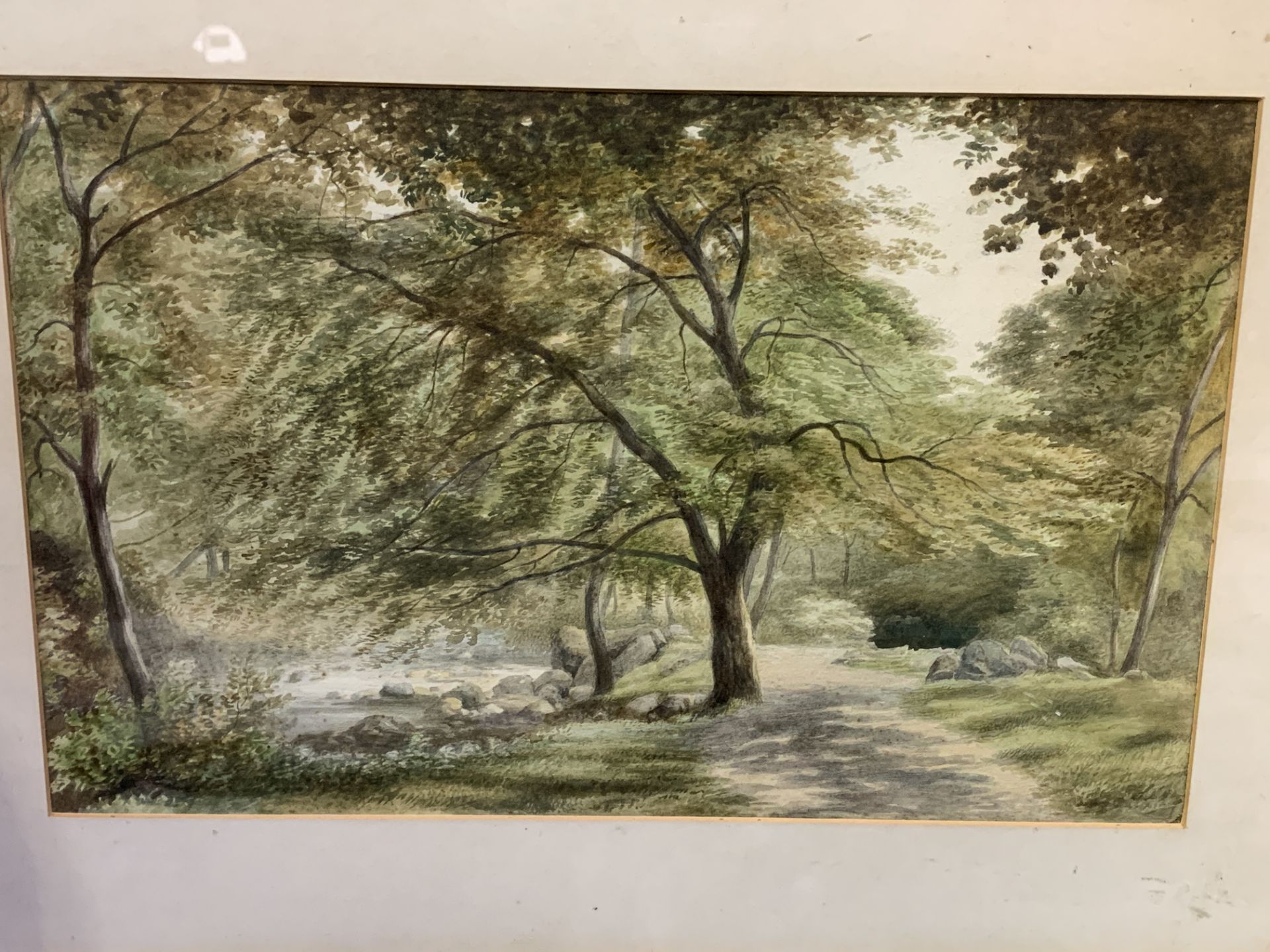A framed and glazed watercolour of a wooded path by a river signed bottom left - Image 2 of 2