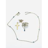 9ct gold aquamarine and seed pearl pendant; gold and turquoise chain; gold cross; butterfly brooch