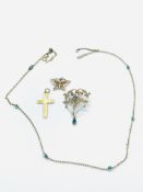 9ct gold aquamarine and seed pearl pendant; gold and turquoise chain; gold cross; butterfly brooch