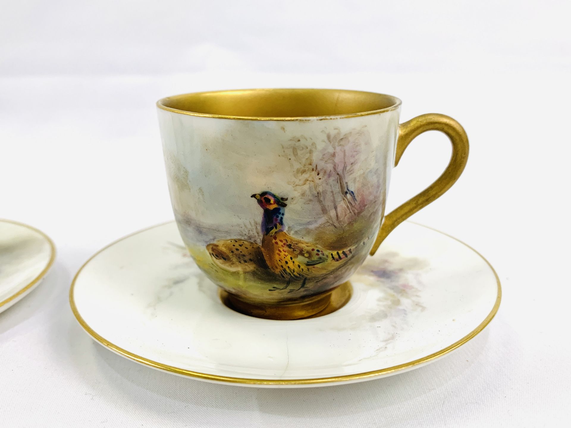 Two Royal Worcester hand painted pheasant cups and saucers by Jas Stinton - Image 3 of 4