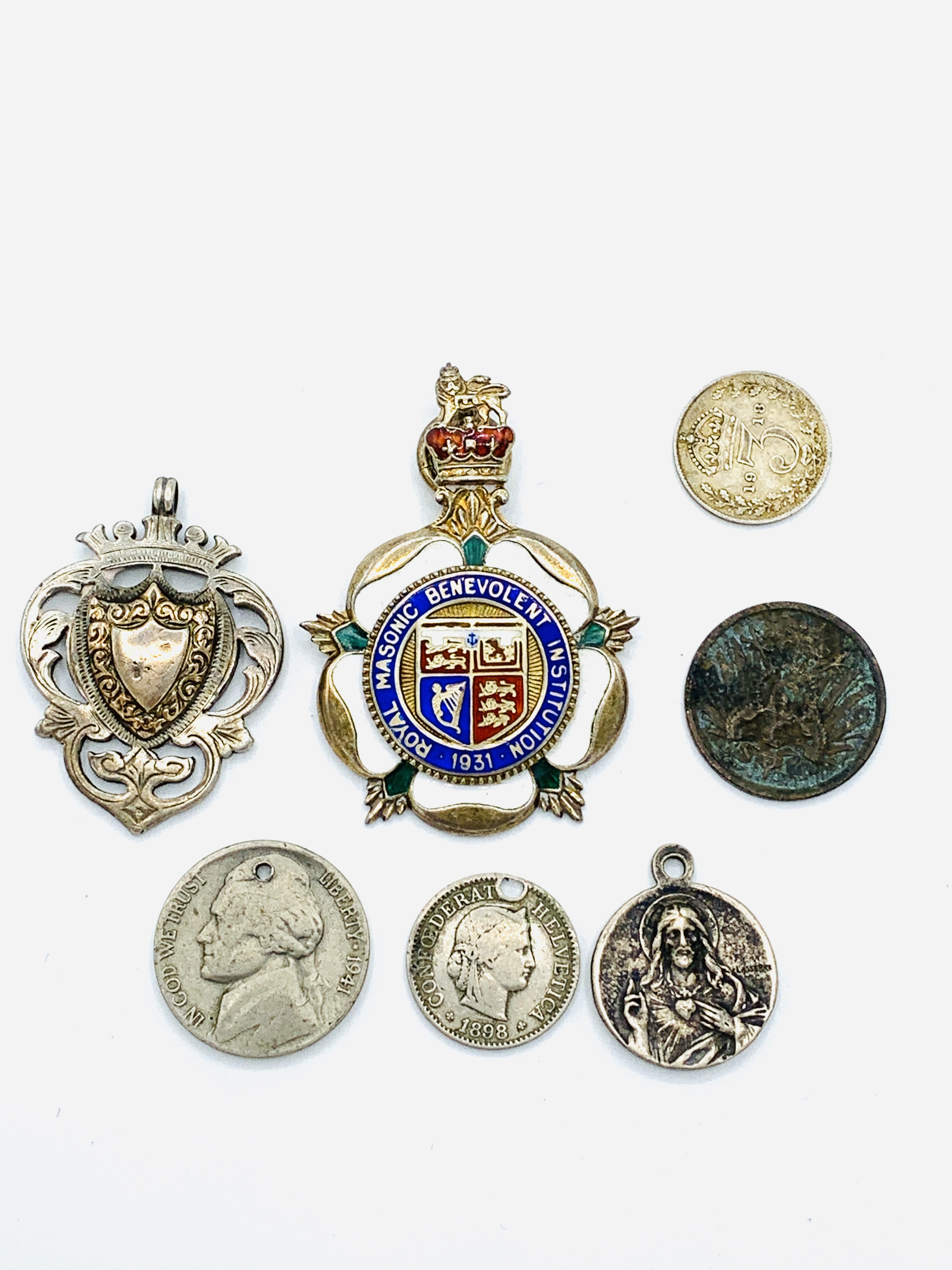 French sacred heart scapular medal pendant together with two other medals and four coins