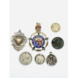 French sacred heart scapular medal pendant together with two other medals and four coins