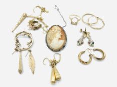 Six pairs of 9ct gold earrings; together with other jewellery