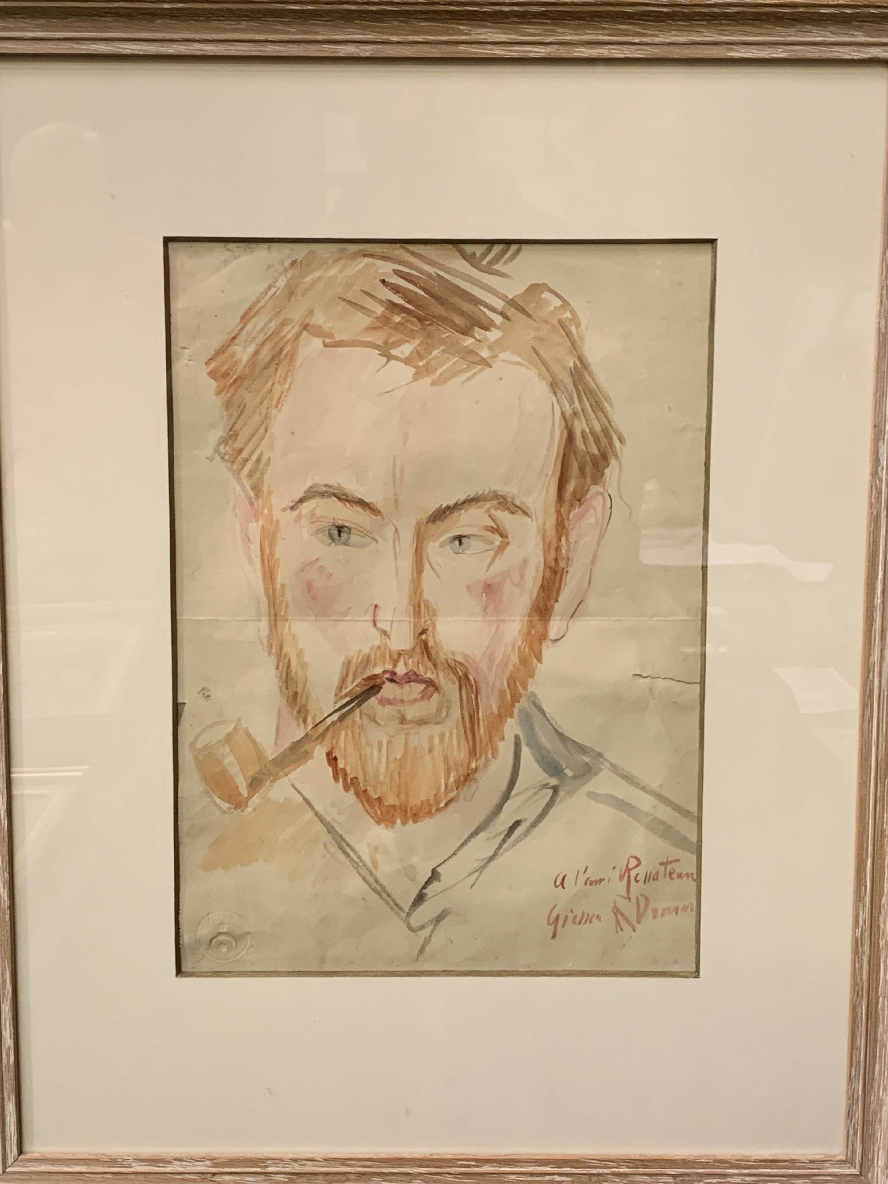 Framed and glazed watercolour portrait signed "A l'ami Renateau, Giessen, R Drouart" - Image 3 of 3