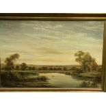 Gilt framed oil on canvas of a river and landscape, written on reverse "On the River Kennett"