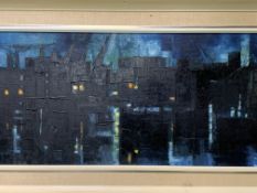 A framed oil on board of docks at night