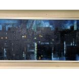 A framed oil on board of docks at night