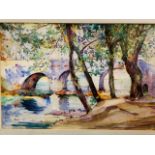 Framed and glazed watercolour of trees by a river and a bridge, signed M. Wells