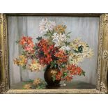 Framed oil on board still life flowers in vase signed Alix Jennings