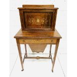 A small Edwardian inlaid burr walnut bureau cum sewing table