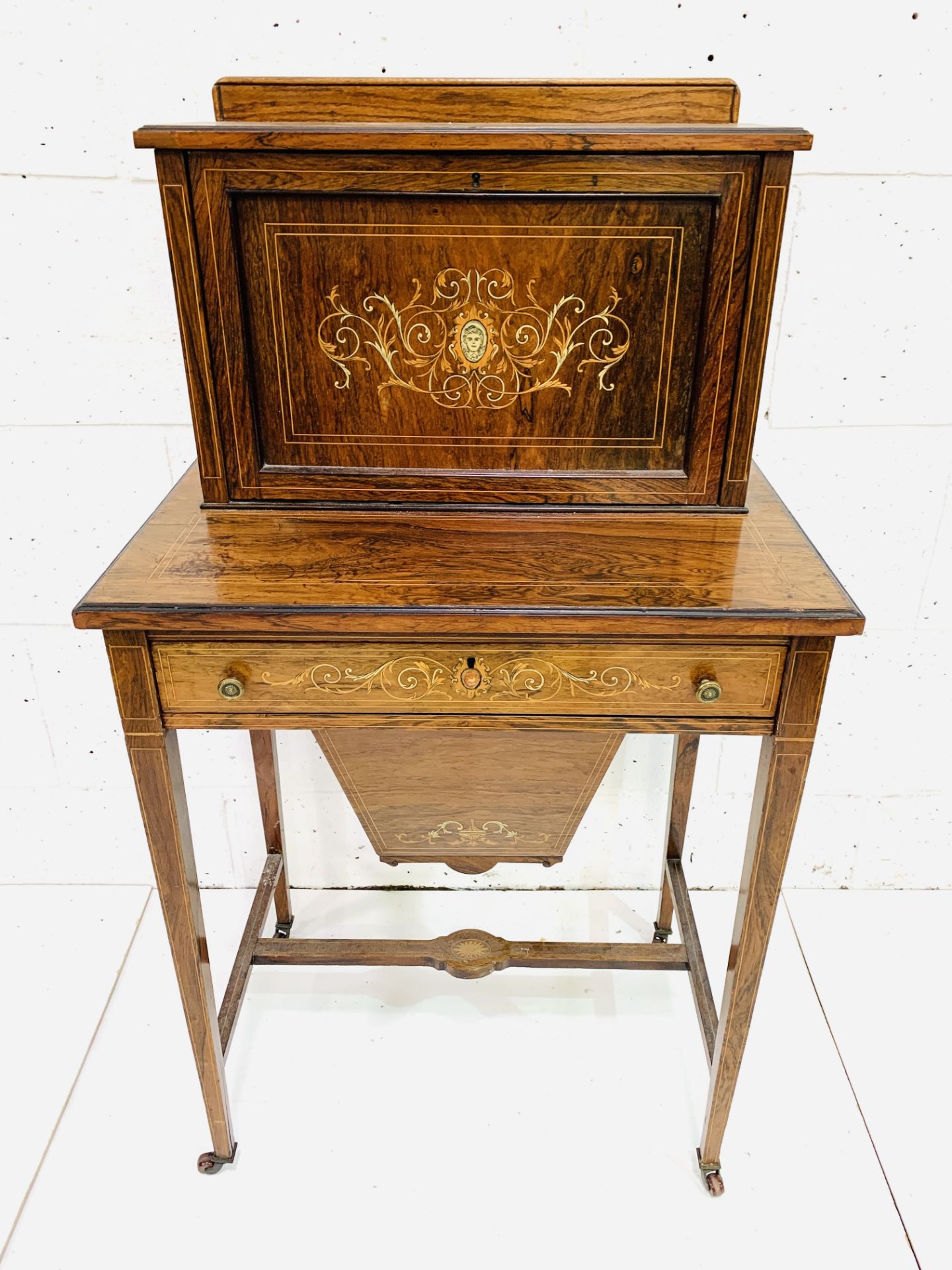 A small Edwardian inlaid burr walnut bureau cum sewing table