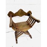19th Century mahogany folding Savonarola chair heavily inlaid with brass