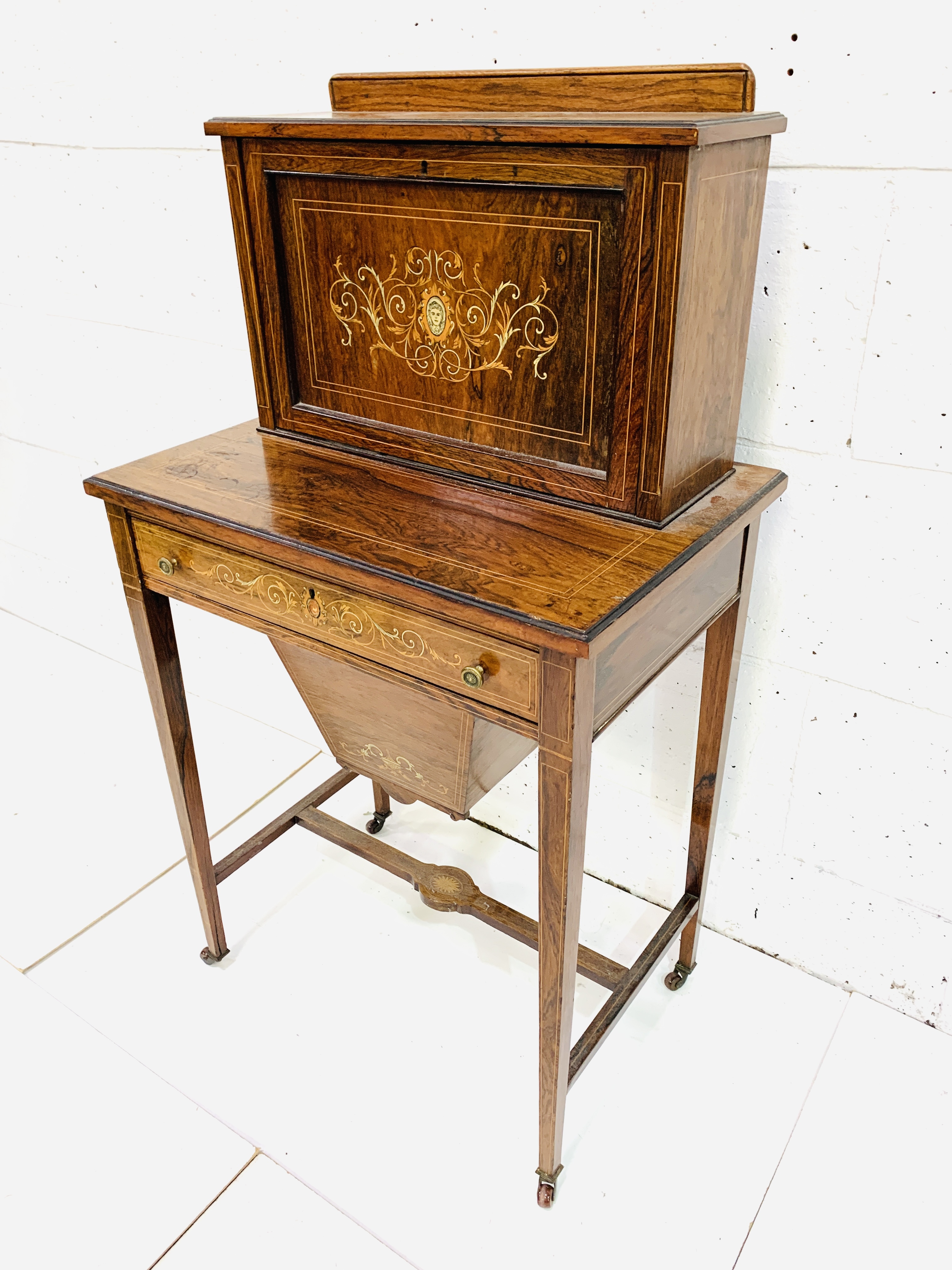 A small Edwardian inlaid burr walnut bureau cum sewing table - Image 2 of 6