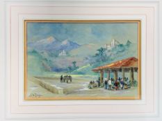 Framed and glazed watercolour of a market scene signed J.A. Ringer