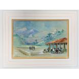 Framed and glazed watercolour of a market scene signed J.A. Ringer