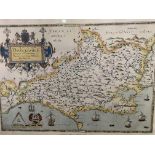 Framed and glazed hand-coloured print of Saxton's map of Dorsetshire 1575