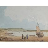 Framed and glazed watercolour of boats in an estuary