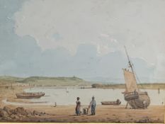 Framed and glazed watercolour of boats in an estuary