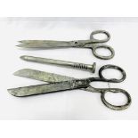 Two pairs of Victorian industrial style scissors, and a large resin nail