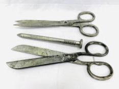 Two pairs of Victorian industrial style scissors, and a large resin nail