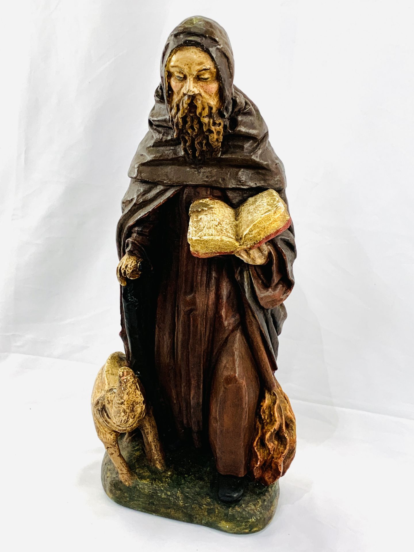 Mid 19th century ecclesiastical polychrome statue of St Anthony with long nose pig - Image 2 of 4