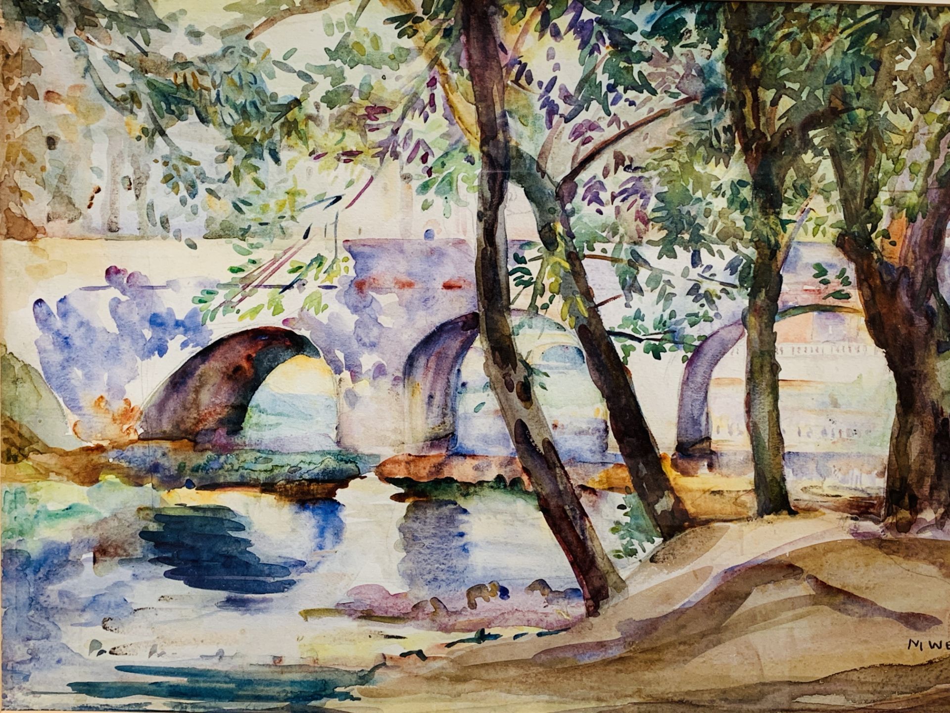 Framed and glazed watercolour of trees by a river and a bridge, signed M. Wells - Image 3 of 3