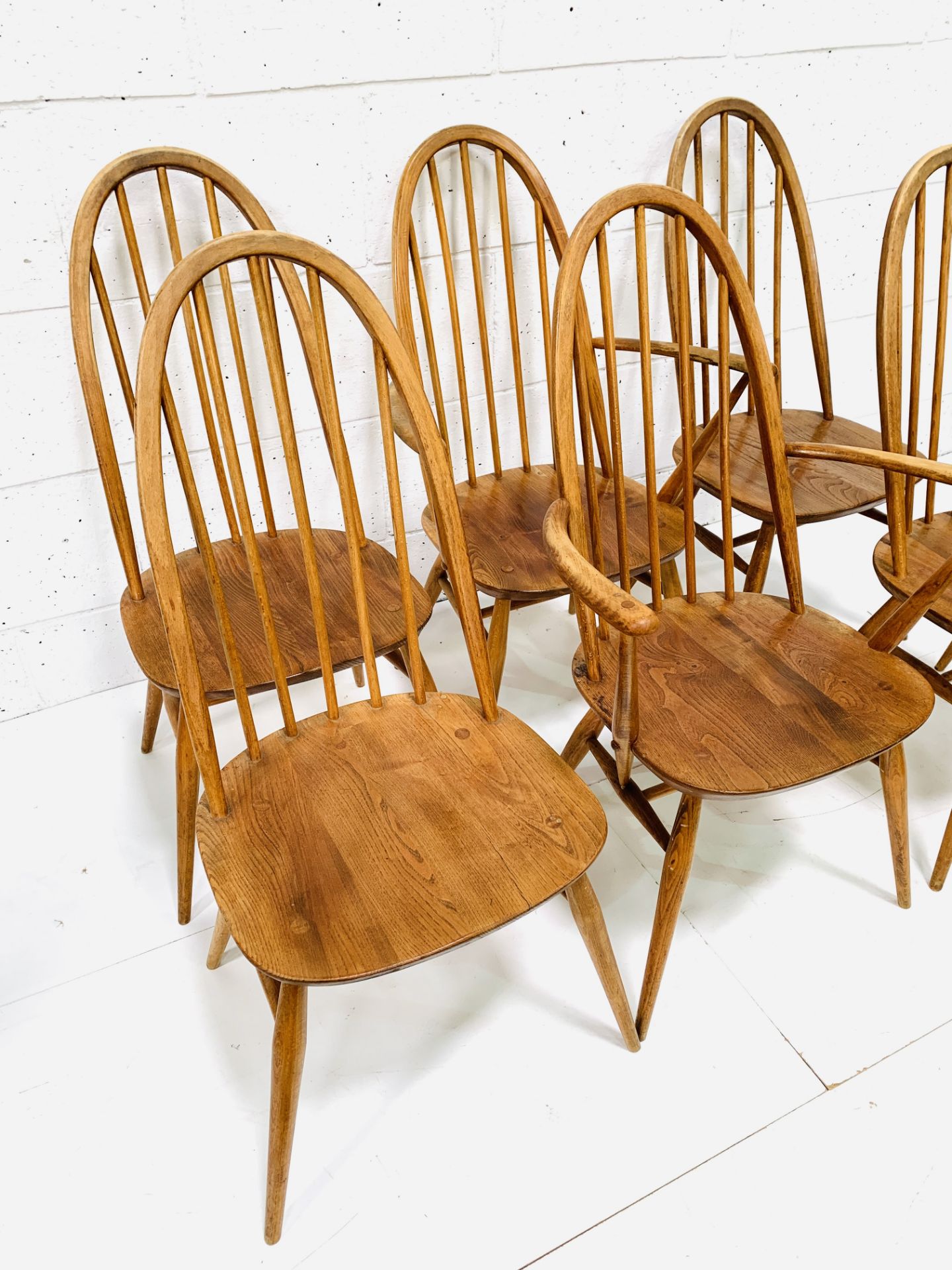 Set of six (4 + 2) Ercol high rail back dining chairs - Image 5 of 5