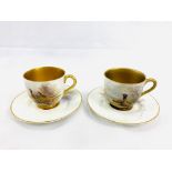 Two Royal Worcester hand painted pheasant cups and saucers by Jas Stinton