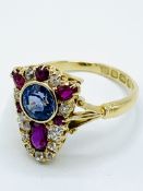 18ct gold sapphire, ruby and diamond ring, dated 1908