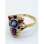 18ct gold sapphire, ruby and diamond ring, dated 1908