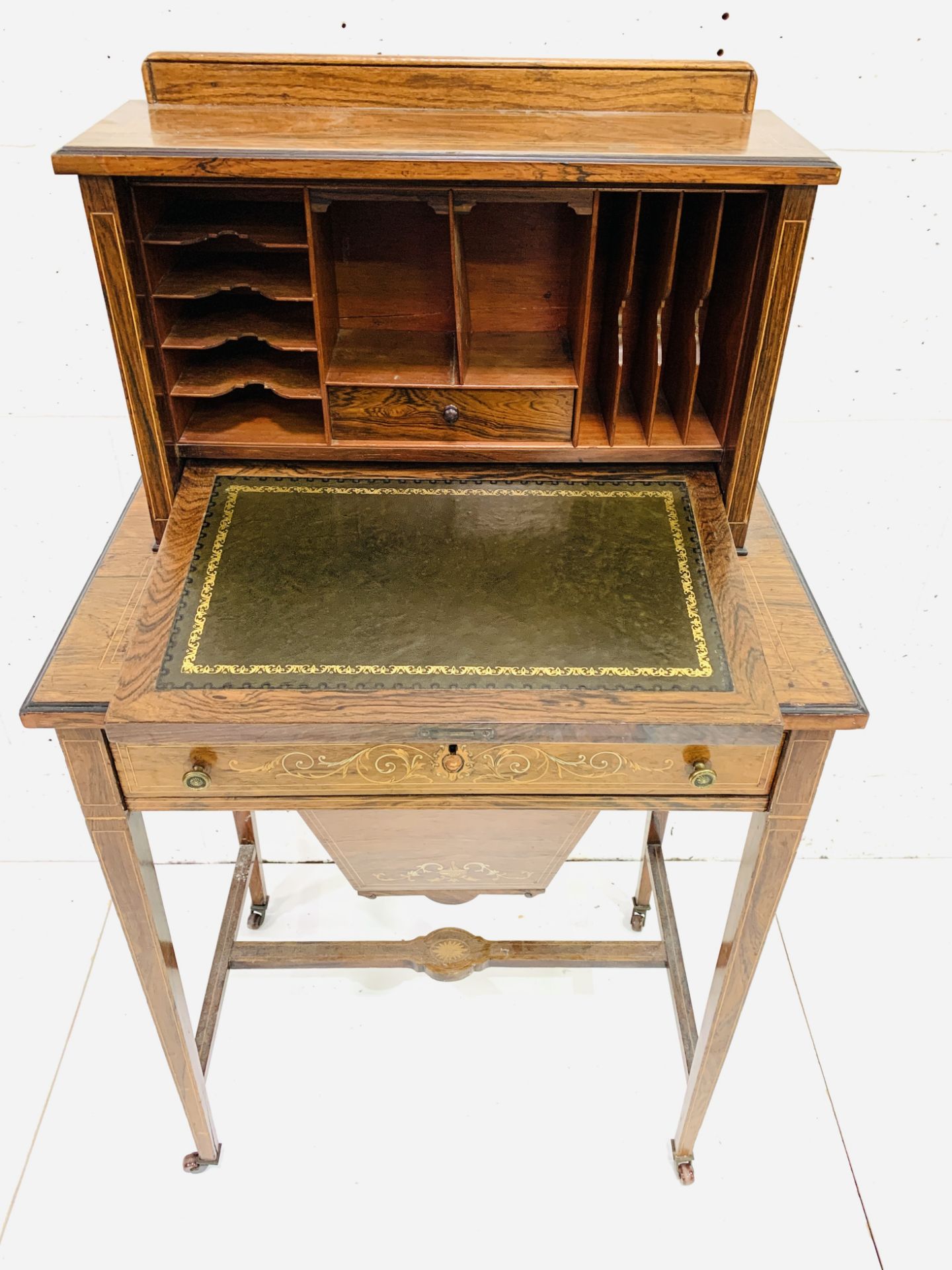 A small Edwardian inlaid burr walnut bureau cum sewing table - Image 5 of 6