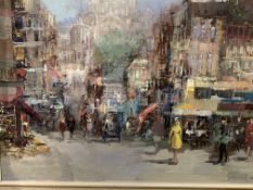 Framed oil on canvas of a Parisian street scene