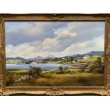 A gilt framed oil on canvas of an estuary scene with cottages, signed Denis Thornton