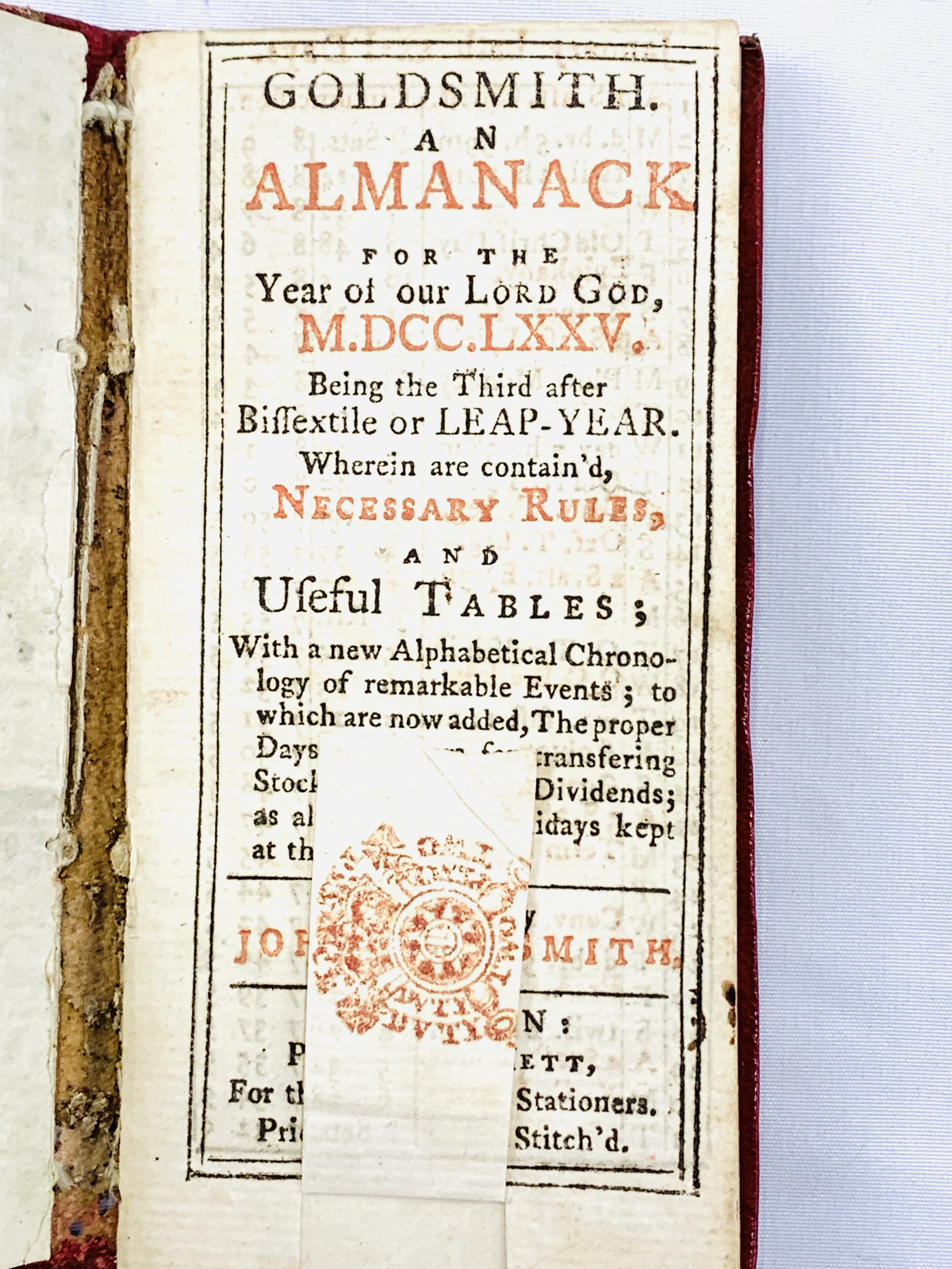 Goldsmith's Almanack dated 1775, bound in red calf leather