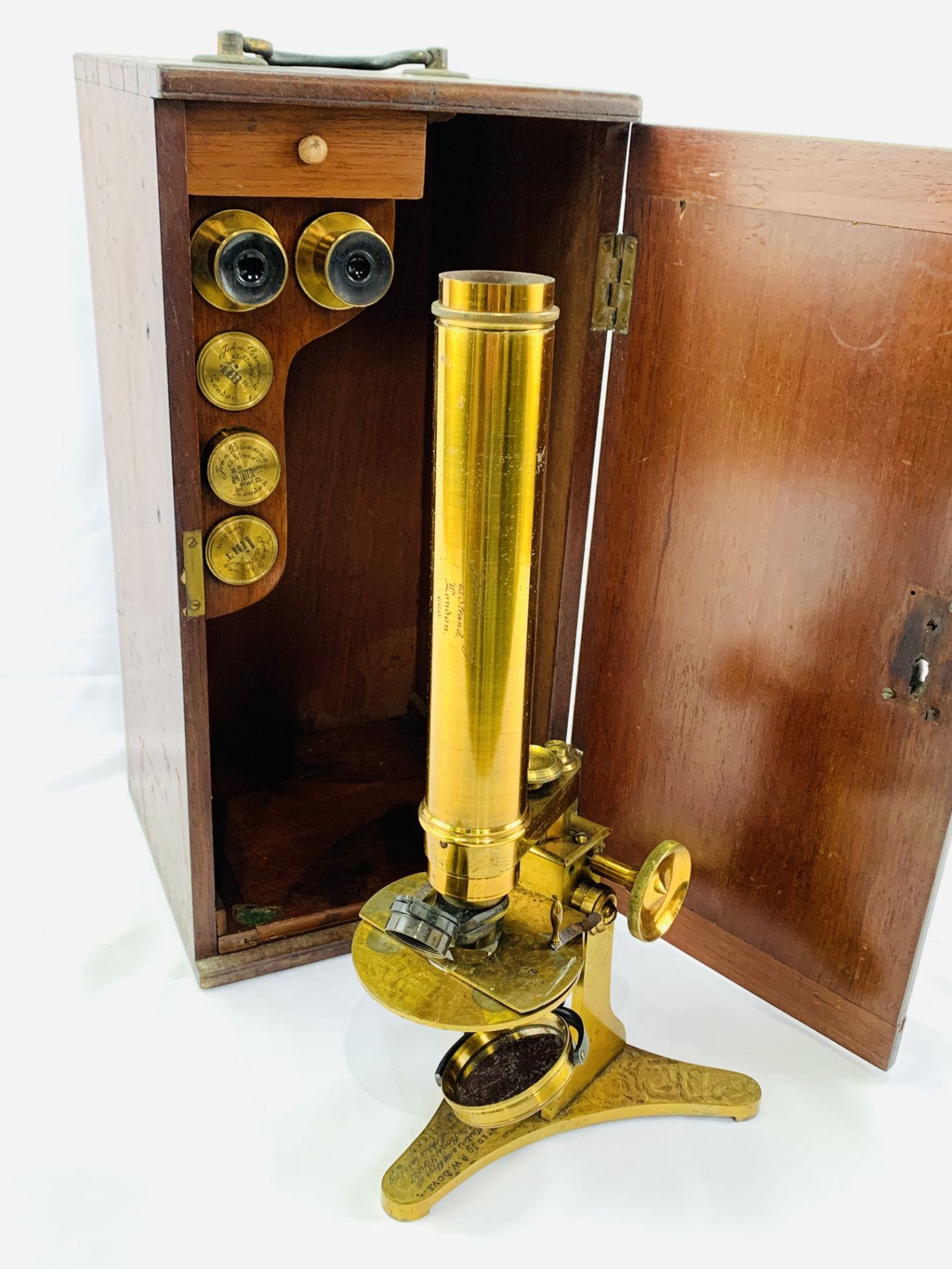Brass microscope by John Browning, dated 1888, in fitted box and with slides - Image 3 of 11