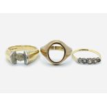 18ct gold and five white stone ring; together with two 9ct gold rings