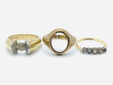 18ct gold and five white stone ring; together with two 9ct gold rings