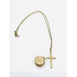 9ct gold circular locket together with a 9ct gold cross on a 9ct gold chain