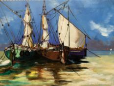 Unframed oil on canvas of sailing boats