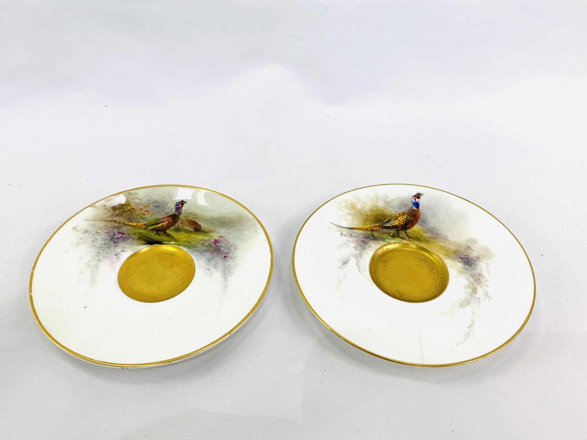 Two Royal Worcester hand painted pheasant cups and saucers by Jas Stinton - Image 4 of 4