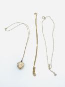9ct gold locket and chain; and two 9ct gold chains