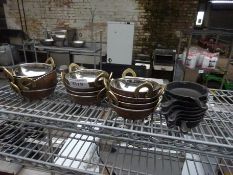 12 serving bowls & 7 cast iron mini pans