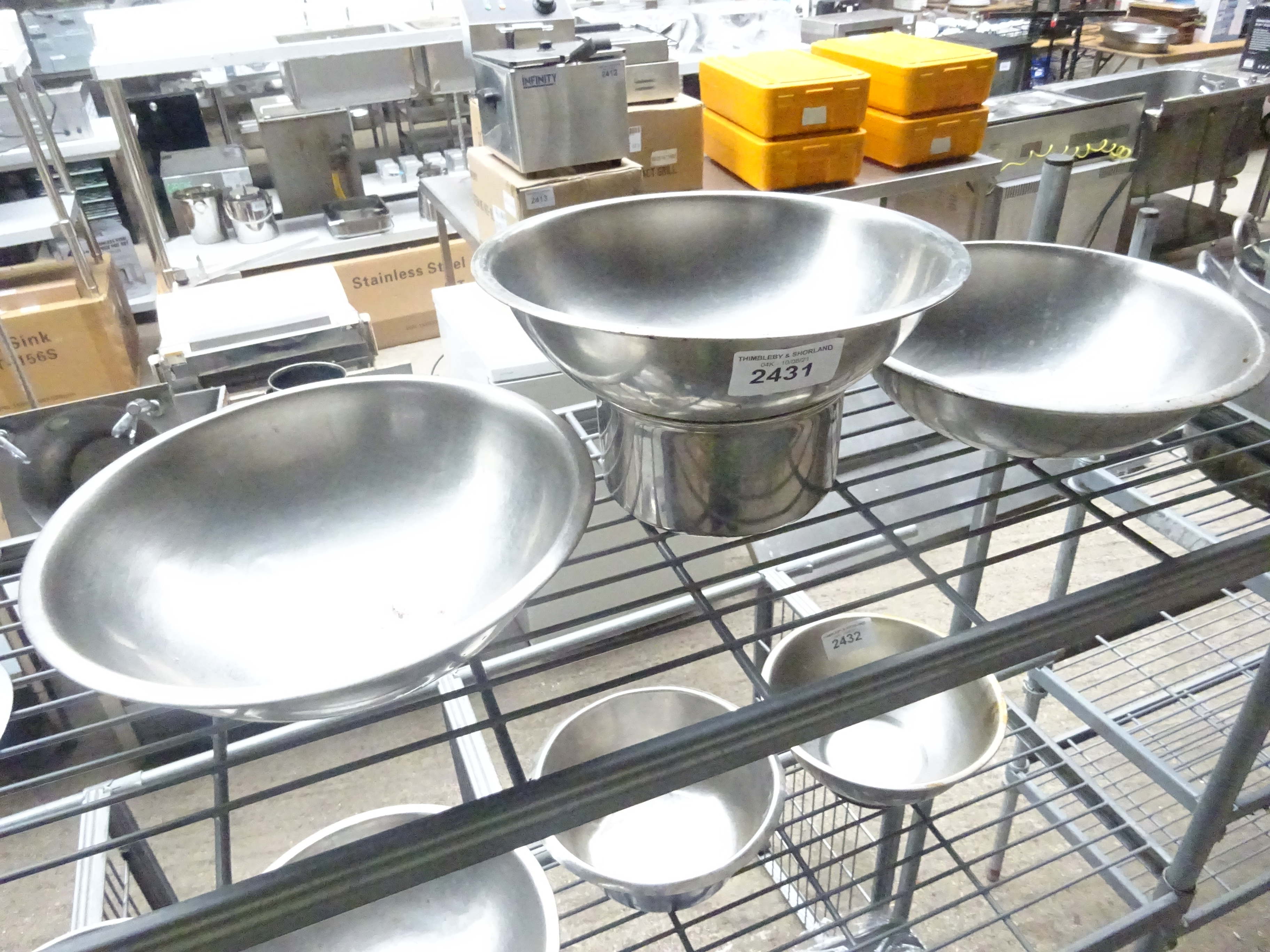 3 mixing bowls and a saucepan