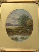 A pair of gilt framed and glazed oval mounted oil paintings