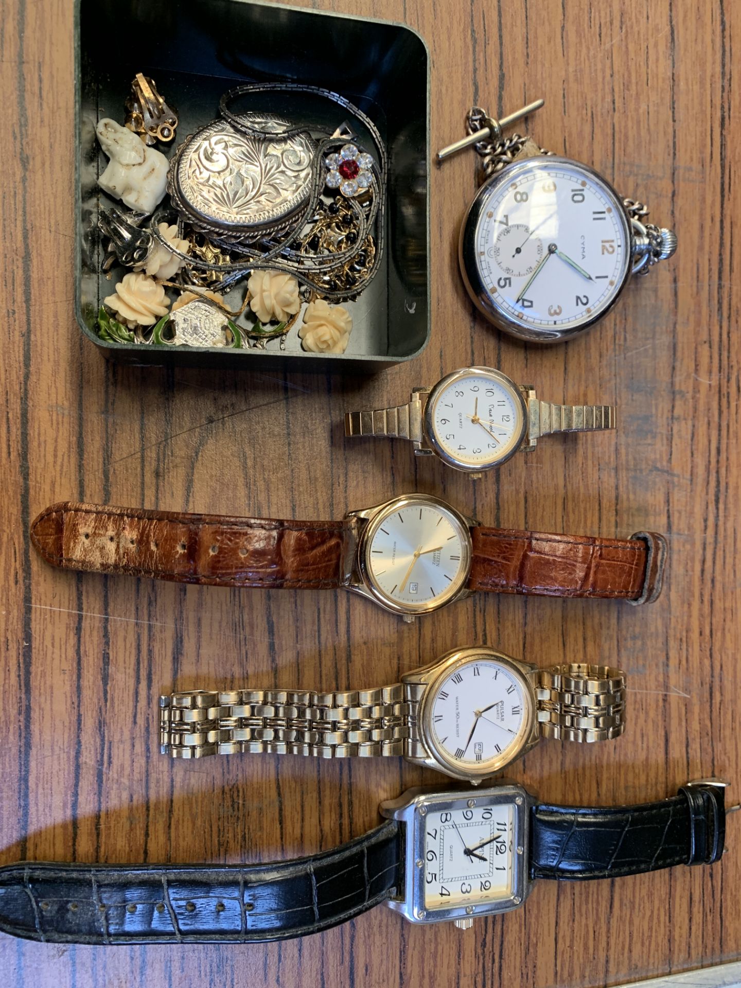 A small quantity of costume jewellery and wrist watches, together with a Cyma pocket watch